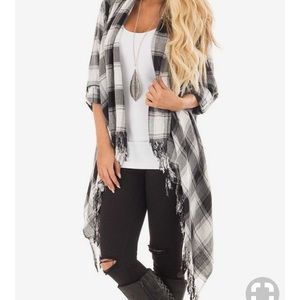 Plaid Fringe Cardigan with Roll Up Sleeves